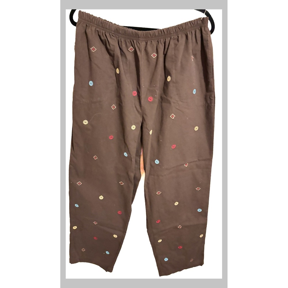 Blair Womens Large Brown Embroidered Floral Elastic Waist Pull On Straight Pants